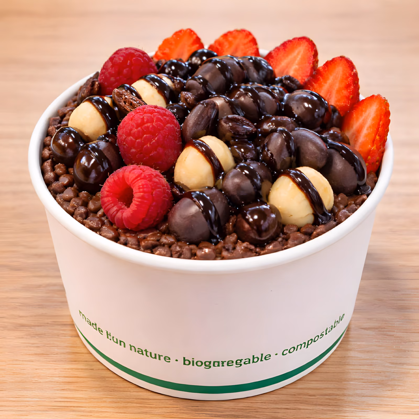 Soul Good Acai Bowl topped with chocolate buckini, cacao sauce and macadamias